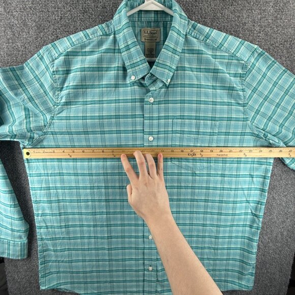 LL Bean Oxford Cloth Button Down Stretch Blue Plaid Large Cotton Blend 510030 - Picture 5 of 14